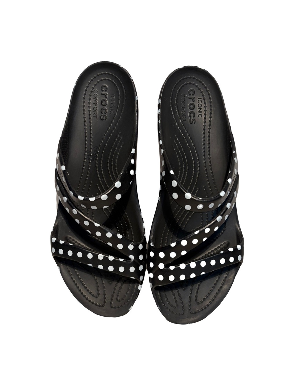 CROCS Women's Black Sandals w/ White Polka Dot Straps size 10